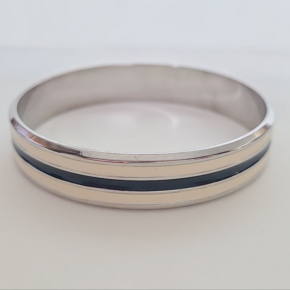 Silver Tone Bangle Bracelet with Black & White Inlay | Minimalist Stackable